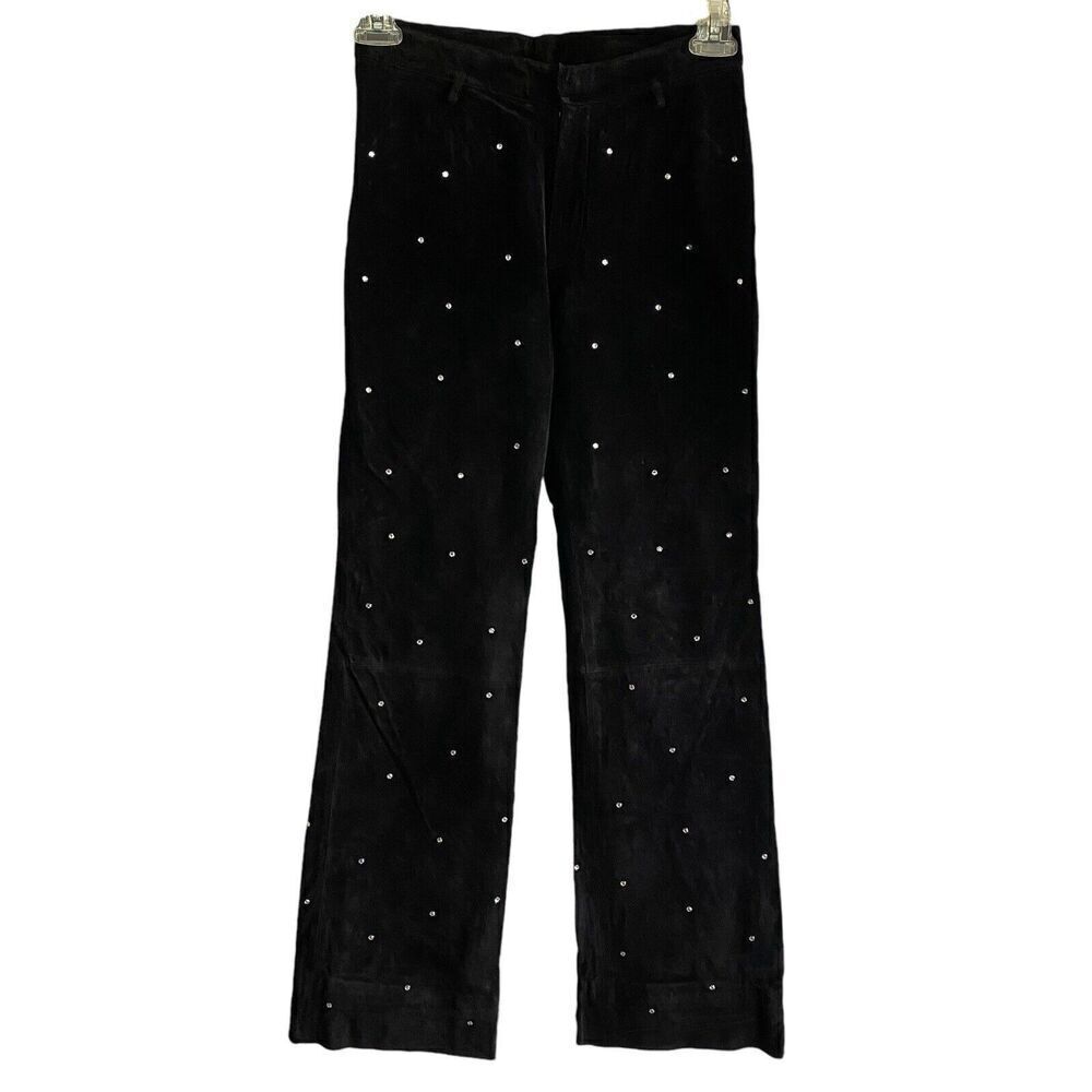 Wilsons Leather Suede Pants Womens Size 4 Black Rhinestones Y2K Flare Leg Hippie